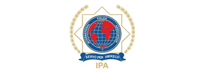 A logo featuring a globe centred within a laurel wreath, encased by a shield outline with the word "police" at the top and "ipa" at the bottom, accompanied by | FCE Scan