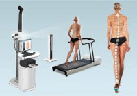 A woman in a black bikini is on a treadmill, surrounded by DIERS biomedical products, including a skeleton scan display and imaging equipment. | FCE Scan